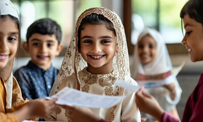 A joyful child in traditional attire shares a moment with friends during a festive gathering.