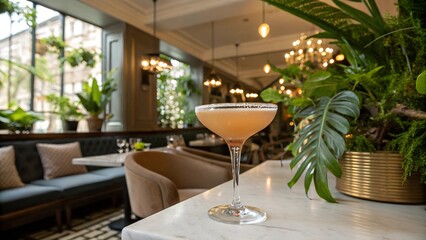Fototapeta premium A sophisticated image featuring a light-colored cocktail in a stemmed glass