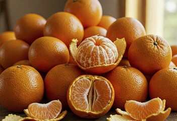 an image of many orange fruits in an untidy manner.&nbsp; There were some peeled oranges.,  many orange fruits