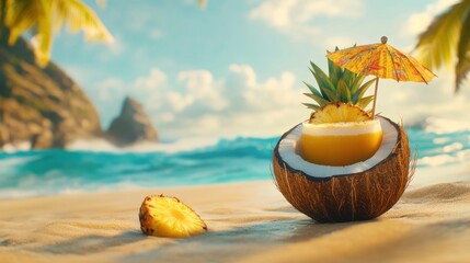 Tropical beach cocktail, coconut, pineapple, ocean view, summer vacation