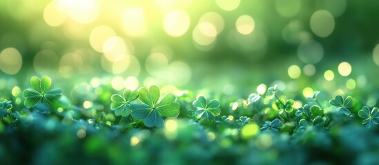 Fototapeta premium Sunlit clover field, bokeh background