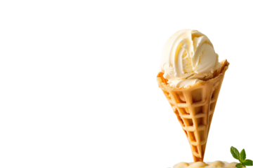 Close-Up of Crispy Waffle Cone and Creamy Vanilla Ice Cream on White Background

