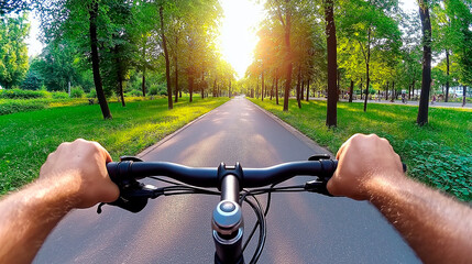 Cyclist’s hands gripping handlebars, immersive first-person view of a park ride, scenic pathway ahead, gentle turns and shifting light creating realistic and engaging visual experience.