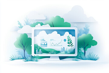 Fototapeta premium Eco-friendly data visualization: Graphs and charts displayed on a computer screen amidst a serene landscape.