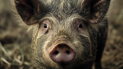 Fototapeta premium Farmyard pig portrait showcasing intense gaze, large snout, furry ears, revealing rustic livestock character and rural charm