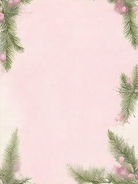 Light pink Christmas background with fir branches and cones
