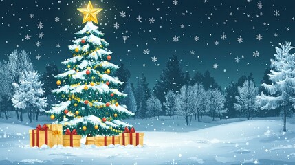 Snow-covered Christmas tree with a star, gift boxes, and a winter forest 