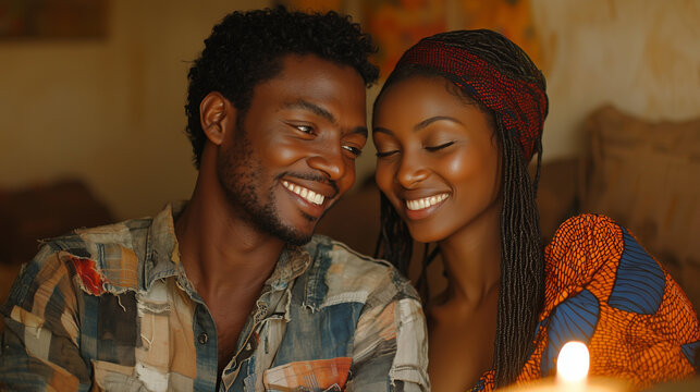 East African Couple Celebrating New Year in Modest Living Room with Candlelight Glow, Expressing Love and Hope in Warm and Intimate Atmosphere