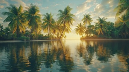 Obraz premium Tropical sunset beach palm trees tranquil ocean