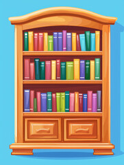 Wooden bookcase filled with colorful books.