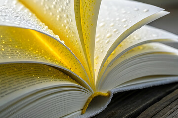 Entrepreneurial Mindset, A close-up of an open book with droplets of water on its pages, highlighting the texture and vibrant yellow edges.