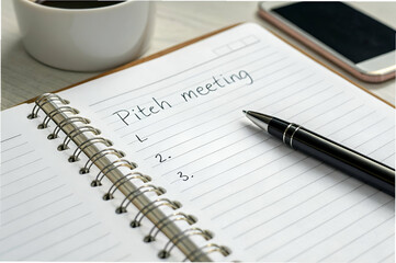 Entrepreneurial Mindset, A notebook with a pen is open, titled "Pitch meeting," alongside a coffee cup and a phone, suggesting preparation for a business discussion.