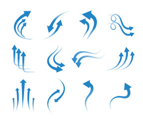 collection of wind air flow, flowing arrow, air flow direction, gradient wind air flow elements, cold air flowing arrow vector