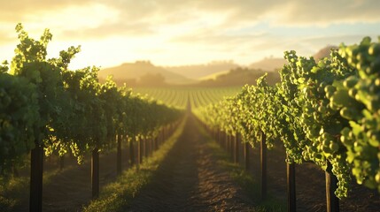 Naklejka premium Vineyard sunset, rolling hills, grape harvest, idyllic landscape, wine industry