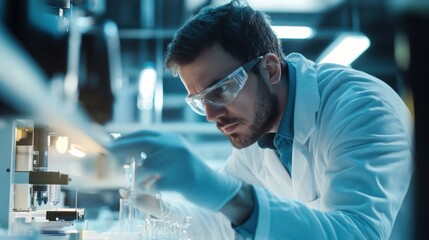 A materials scientist analyzing composite materials in a materials laboratory, with samples and testing instruments visible, Materials science lab scene