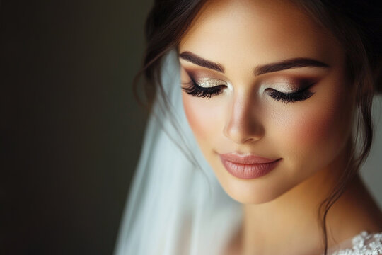 A stunning bride with flawless makeup and long eyelashes looks down. Bright bride's makeup.
