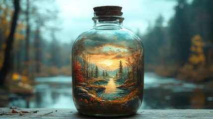 There is a round glass bottle containing a landscape world.
