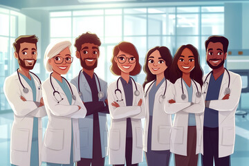 Group of diverse, cartoon-style healthcare professionals smiling in a hospital setting. Seven doctors, each wearing a white coat and stethoscope, standing together confidently in a bright, modern hosp