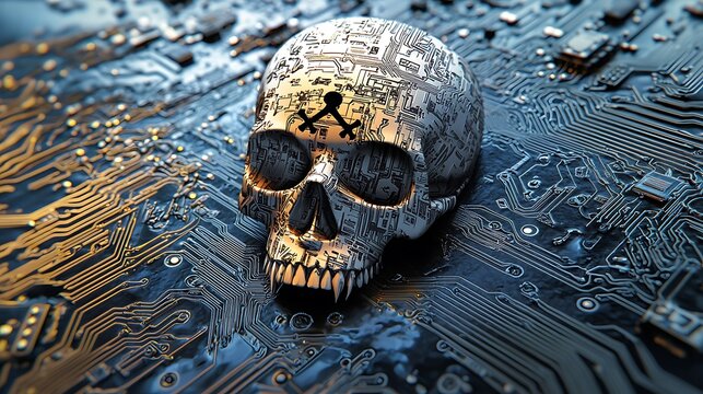 A digital representation of a pirate skull set against a circuit board, symbolizing online piracy and weak cybersecurity. Ideal for web design, ads, and promotional material.