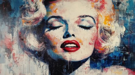 A vibrant, colorful portrait painting features a woman with closed eyes and vivid red lips, blending abstract brush strokes to create a striking and expressive visage.