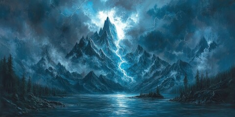 Fototapeta premium Majestic Stormy Mountain Peak and Lake - Fantasy Landscape.