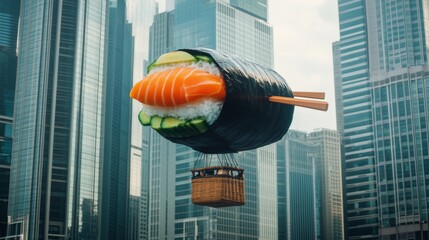 A whimsical balloon resembling a sushi roll, complete with salmon and cucumber, floats over a city skyline, creating a playful juxtaposition against modern skyscrapers.