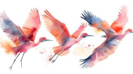 Watercolor Illustration of Bird Migration A Stunning Visual Depicting Birds Flying in Formation, Perfect for Nature Documentaries, Educational Materials, Travel Brochures, and Website Banners.