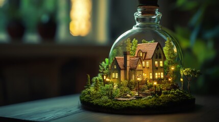 A charming, miniature cottage is enclosed within a glass dome, surrounded by lush greenery and softly glowing lights, creating a whimsical, fairytale atmosphere.
