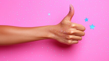 Glittery hand giving a thumbs up against a vibrant pink background with star accents