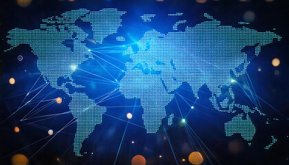 Fototapeta premium Stunning abstract world map graphic. A digital, pixelated globe design with glowing connections, perfect for technology, global network, or communication concepts.