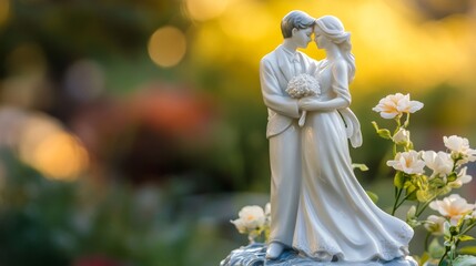 A delicate porcelain figurine depicts a bride and groom embracing amidst a backdrop of flowers, capturing a moment of love and unity in exquisite detail.