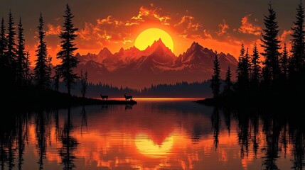 Fototapeta premium stunning vector illustration of a wildlife landscape at sunset featuring mountains, forests, and reindeer 
