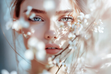 A macro photo of a caucasian model woman look with flowers, motion blur with a blurred background, a light and airy feel, natural lighting