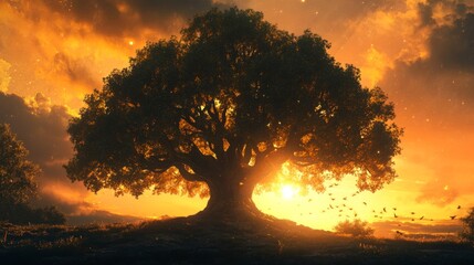 The silhouette of a majestic tree is dramatically framed against a fiery orange and gold sky at sunset, creating a stunning and powerful visual natural spectacle.