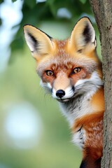 close-up of face as it peers from behind tree trunk illuminated by soft dappled sunlight