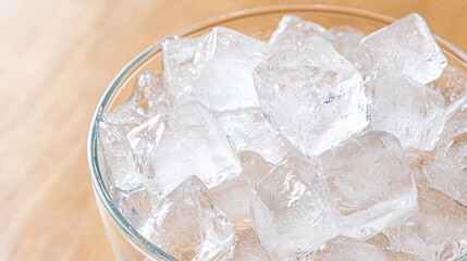 Ice cubes in glass bowl on wooden table