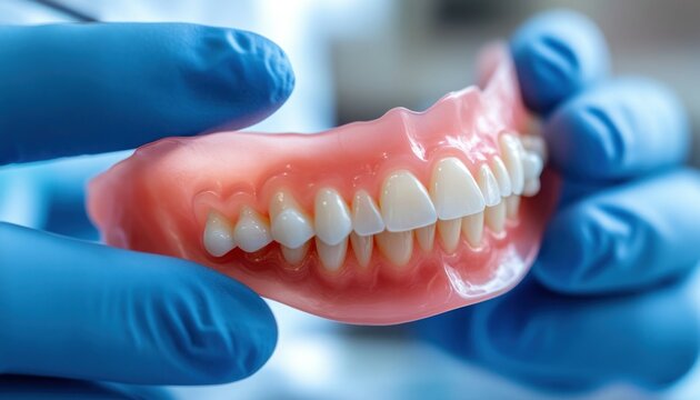 Close-up of a Dental Prosthesis Held by Gloved Hands