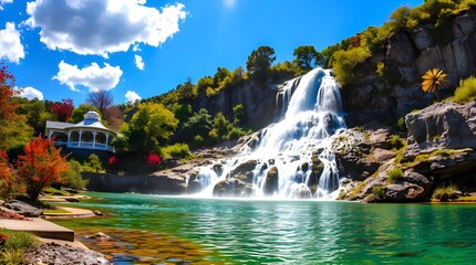 Obraz premium A waterfall high in the mountains. Fabulous view. Waterfall in the jungle. Photo wallpaper