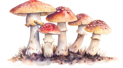 Obraz premium Vibrant Watercolor Illustration of Mushrooms Perfect for Culinary Books, Botanical Posters, and Nature-themed Designs.