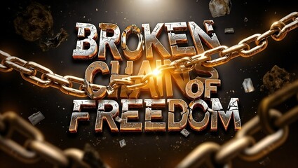 Metallic text 'Broken Chains of Freedom' glows dramatically, surrounded by broken chains and floating debris, with light radiating from the center.