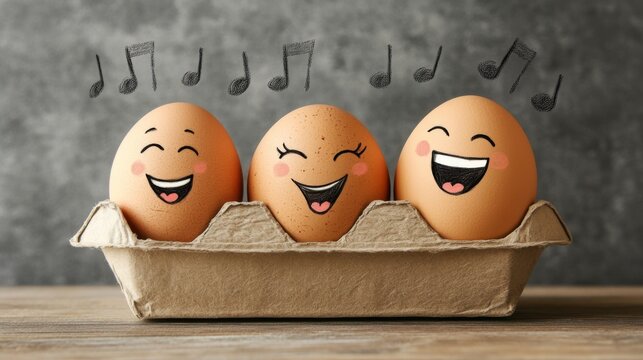A playful and charming image depicting three eggs in a carton, each with smiling faces and floating musical notes, creating a sense of joy and musical harmony.