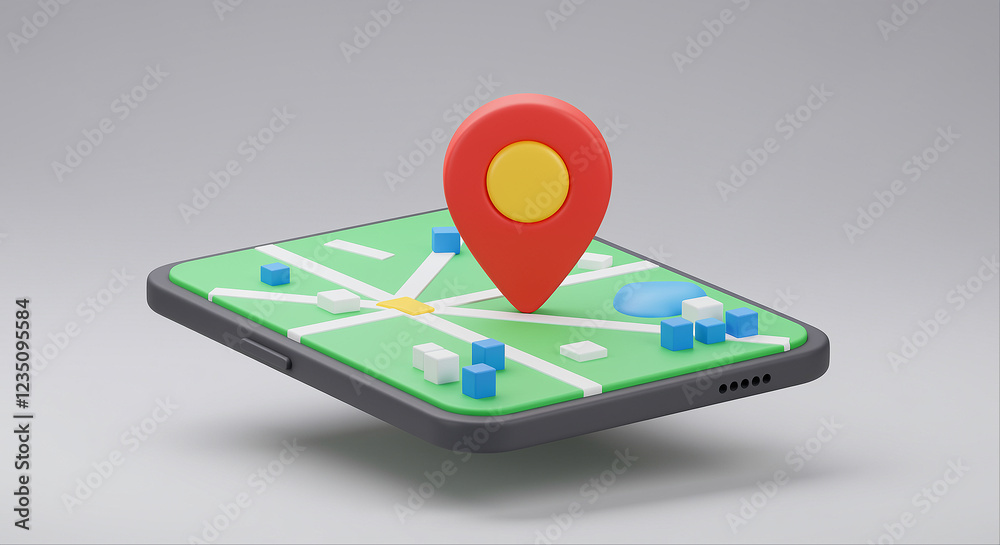 Poster smartphone with map and location marker displaying digital navigation and geographic information