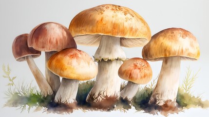 Vibrant Watercolor Illustration of Mushrooms Perfect for Cookbook Illustrations, Greeting Cards, and Autumn-themed Designs.