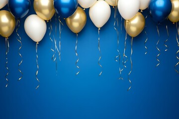 A beautiful display of blue, white, and gold balloons with ribbons hanging against a rich blue background, creating an elegant and festive atmosphere.