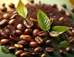 Obraz premium una mezcla de granos de cafe tostados con hojas de té e infusión
