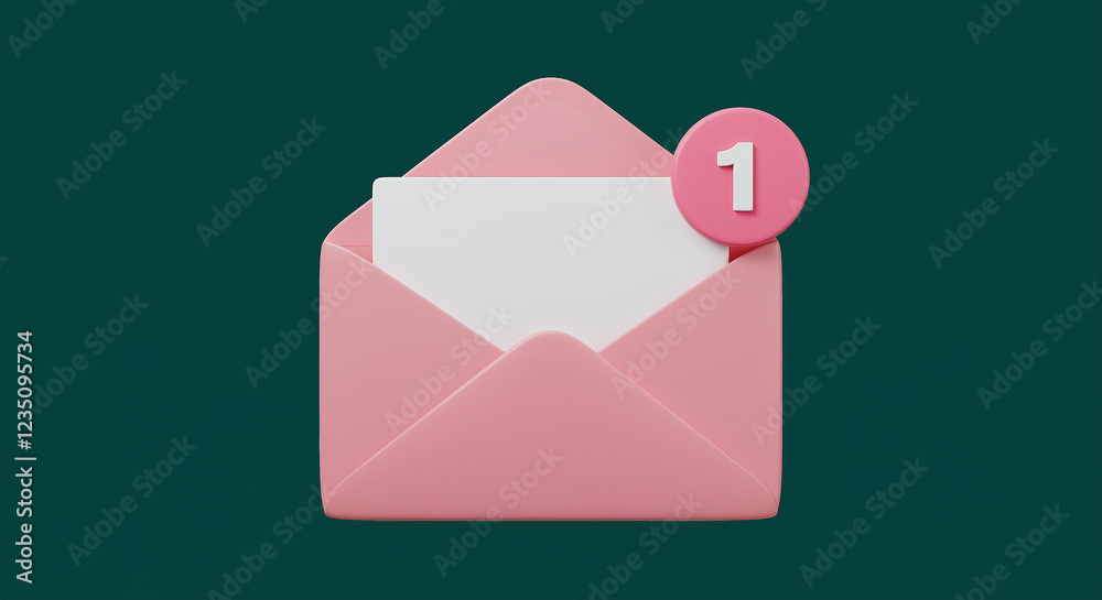 Poster pink envelope with message and notification. open pink envelope with white message inside and notifi