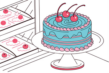 Pastel birthday cake, blue swirl frosting, red maraschino cherries, pink piped border, white cake stand, professional food photography, high detail, soft lighting, delicious dessert, bakery showcase, 