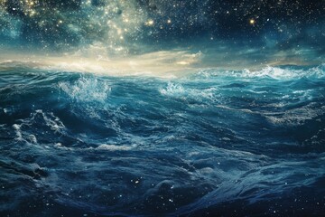 Vast ocean waves illuminated by a starry night sky with shimmering stars