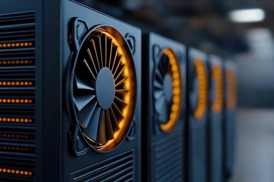 Industrial cryptocurrency mining rig setup in a dimly lit basement