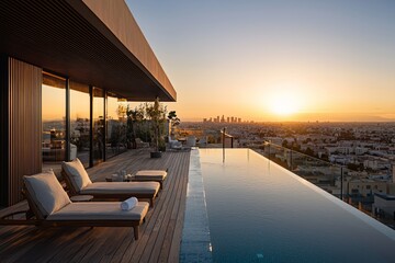 Sunset view from a rooftop infinity pool and lounge area.